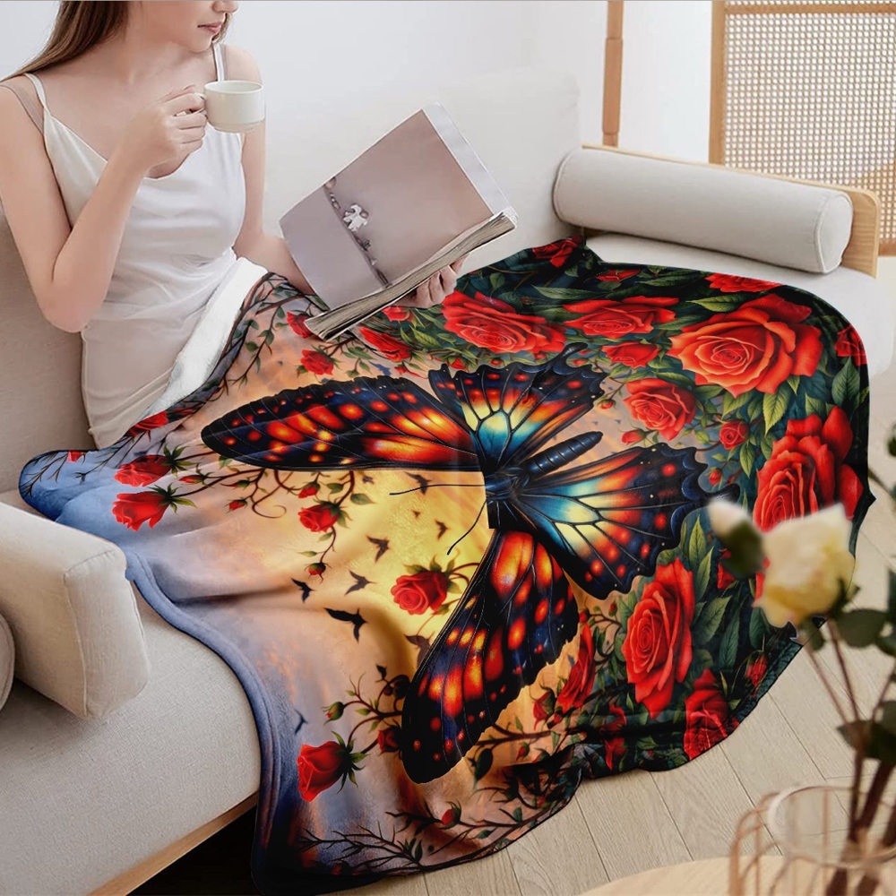 NEW Butterfly Red Rose Plush Throw Blanket Cozy Floral Gothic Home Decor - Picture 6 of 6